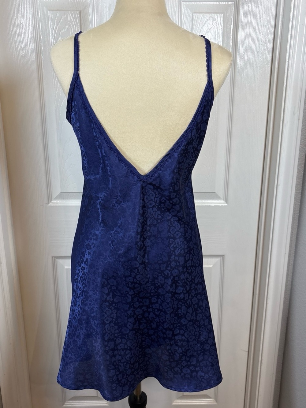 Silky Navy Blue Leopard-Jacquard Satin Slip with Deep V Back Feminine Romantic